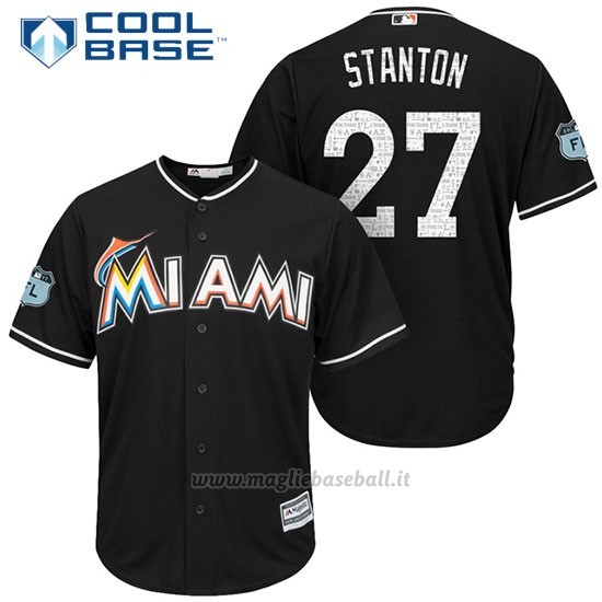 Maglia Baseball Uomo Miami Marlins Giancarlo Stanton Nero 2017 Allenamento Primaverile Cool Base Giocatore